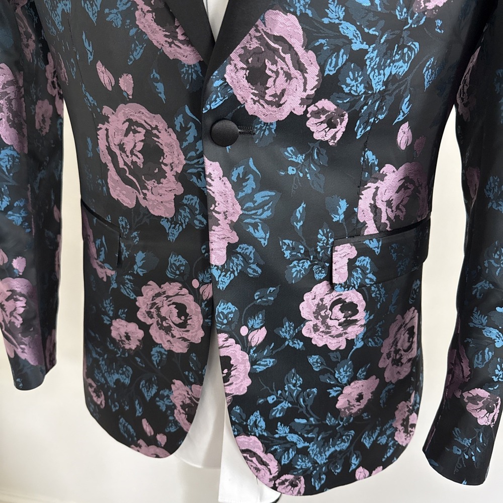 Kilburne Finch Tuxedo Jacket Mens 38R Purple Floral Blue Blazer Wedding - Picture 3 of 14